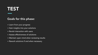TEST
Goals for this phase:
+ Learn from your progress
+ Gain insights into your solutions
+ Revisit interaction with users
+ Assess effectiveness of solutions
+ Maintain open mind when reviewing results
+ Rework solutions if and when necessary
 