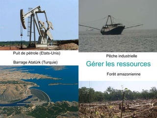 Gérer les ressources
Puit de pétrole (Etats-Unis)
Pêche industrielle
Barrage Atatürk (Turquie)
Forêt amazonienne
 