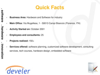 Quick Facts
✔   Business Area: Hardware and Software for industry

✔   Main Office: Via Mugellese, 1 - 50013 Campi Bisenzio (Florence, ITA)

✔   Activity Started on: October 2001

✔   Employees and consultants: 25

✔   Projects realized: 150+

✔   Services offered: software planning, customized software development, consulting
    services, tech courses, hardware design, embedded software
 