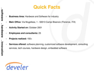Quick Facts
✔   Business Area: Hardware and Software for industry

✔   Main Office: Via Mugellese, 1 - 50013 Campi Bisenzio (Florence, ITA)

✔   Activity Started on: October 2001

✔   Employees and consultants: 25

✔   Projects realized: 150+

✔   Services offered: software planning, customized software development, consulting
    services, tech courses, hardware design, embedded software
 