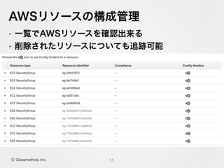 Ⓒ Classmethod, Inc.
AWSリソースの構成管理
• 一覧でAWSリソースを確認出来る
• 削除されたリソースについても追跡可能
11
 