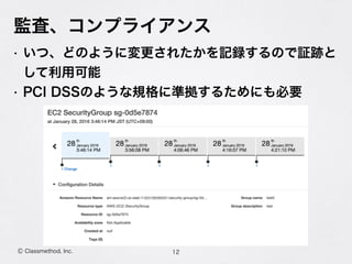 Ⓒ Classmethod, Inc.
監査、コンプライアンス
• いつ、どのように変更されたかを記録するので証跡と
して利用可能
• PCI DSSのような規格に準拠するためにも必要
12
 