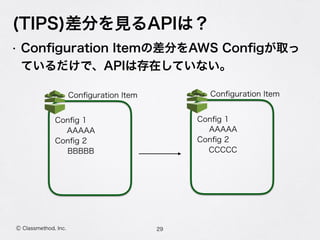 Ⓒ Classmethod, Inc.
(TIPS)差分を見るAPIは？
• Conﬁguration Itemの差分をAWS Conﬁgが取っ
ているだけで、APIは存在していない。
29
Conﬁguration Item
Conﬁg 1
AAAAA
Conﬁg 2
BBBBB
Conﬁguration Item
Conﬁg 1
AAAAA
Conﬁg 2
CCCCC
 