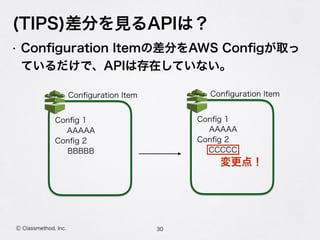 Ⓒ Classmethod, Inc.
(TIPS)差分を見るAPIは？
• Conﬁguration Itemの差分をAWS Conﬁgが取っ
ているだけで、APIは存在していない。
30
Conﬁguration Item
Conﬁg 1
AAAAA
Conﬁg 2
BBBBB
Conﬁguration Item
Conﬁg 1
AAAAA
Conﬁg 2
CCCCC
変更点！
 