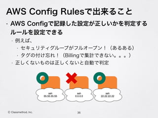 Ⓒ Classmethod, Inc.
AWS Conﬁg Rulesで出来ること
• AWS Conﬁgで記録した設定が正しいかを判定する
ルールを設定できる
• 例えば、
• セキュリティグループがフルオープン！（あるある）
• タグの付け忘れ！（Billingで集計できない。。。）
• 正しくないものは正しくないと自動で判定
36
 