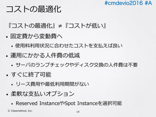 #cmdevio2016 #A
コストの最適化
『コストの最適化』≠『コストが低い』
• 固定費から変動費へ
• 使⽤料利⽤状況に合わせたコストを⽀払えば良い
• 運⽤にかかる⼈件費の低減
• サーバのランプチェックやディスク交換の⼈件費は不要
• すぐに終了可能
• リース費⽤や最低利⽤期間がない
• 柔軟な⽀払いオプション
• Reserved InstanceやSpot Instanceを選択可能
14Ⓒ Classmethod, Inc.
 
