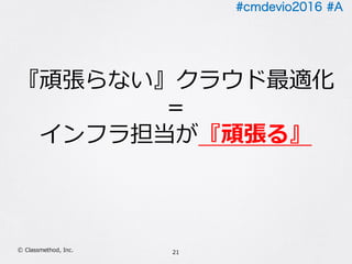 #cmdevio2016 #A
21Ⓒ Classmethod, Inc.
『頑張らない』クラウド最適化
＝
インフラ担当が『頑張る』
 