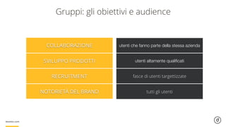 Gruppi: gli obiettivi e audience
COLLABORAZIONE utenti che fanno parte della stessa azienda
SVILUPPO PRODOTTI utenti altamente qualiﬁcati
RECRUITMENT fasce di utenti targettizzate
NOTORIETÀ DEL BRAND tutti gli utenti
 