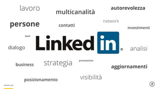 lavoro
contatti
network
autorevolezza
visibilità
strategia aggiornamenti
multicanalità
persone
business
posizionamento
analisi
lead
promozione
investimenti
dialogo
 