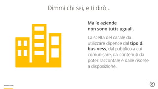 Dimmi chi sei, e ti dirò…
Ma le aziende
non sono tutte uguali.
La scelta del canale da
utilizzare dipende dal tipo di
business, dal pubblico a cui
comunicare, dai contenuti da
poter raccontare e dalle risorse
a disposizione.
 