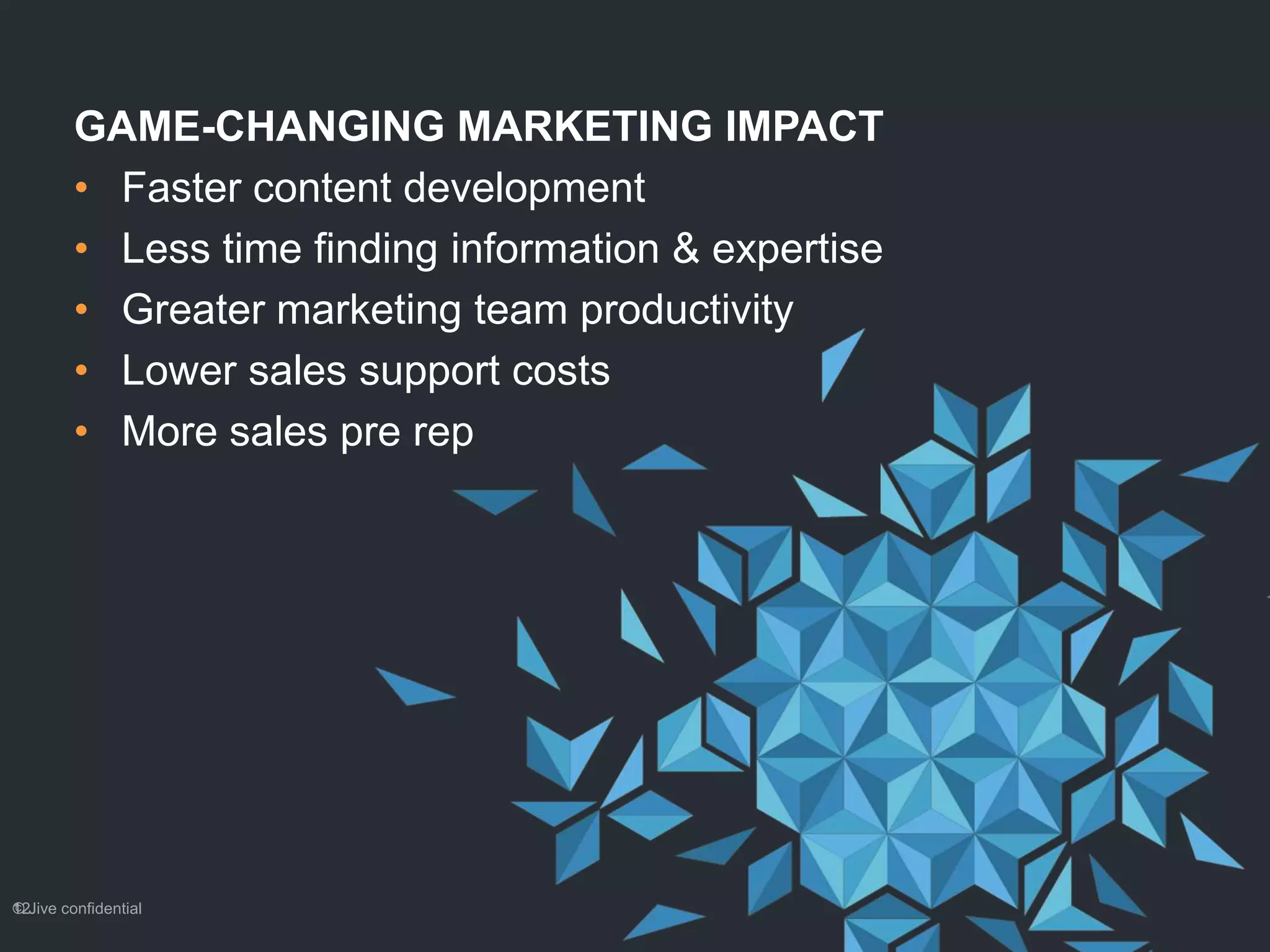 GAME-CHANGING MARKETING IMPACT
• Faster content development
• Less time finding information & expertise
• Greater marketing team productivity
• Lower sales support costs
• More sales pre rep
© Jive confidential12
 