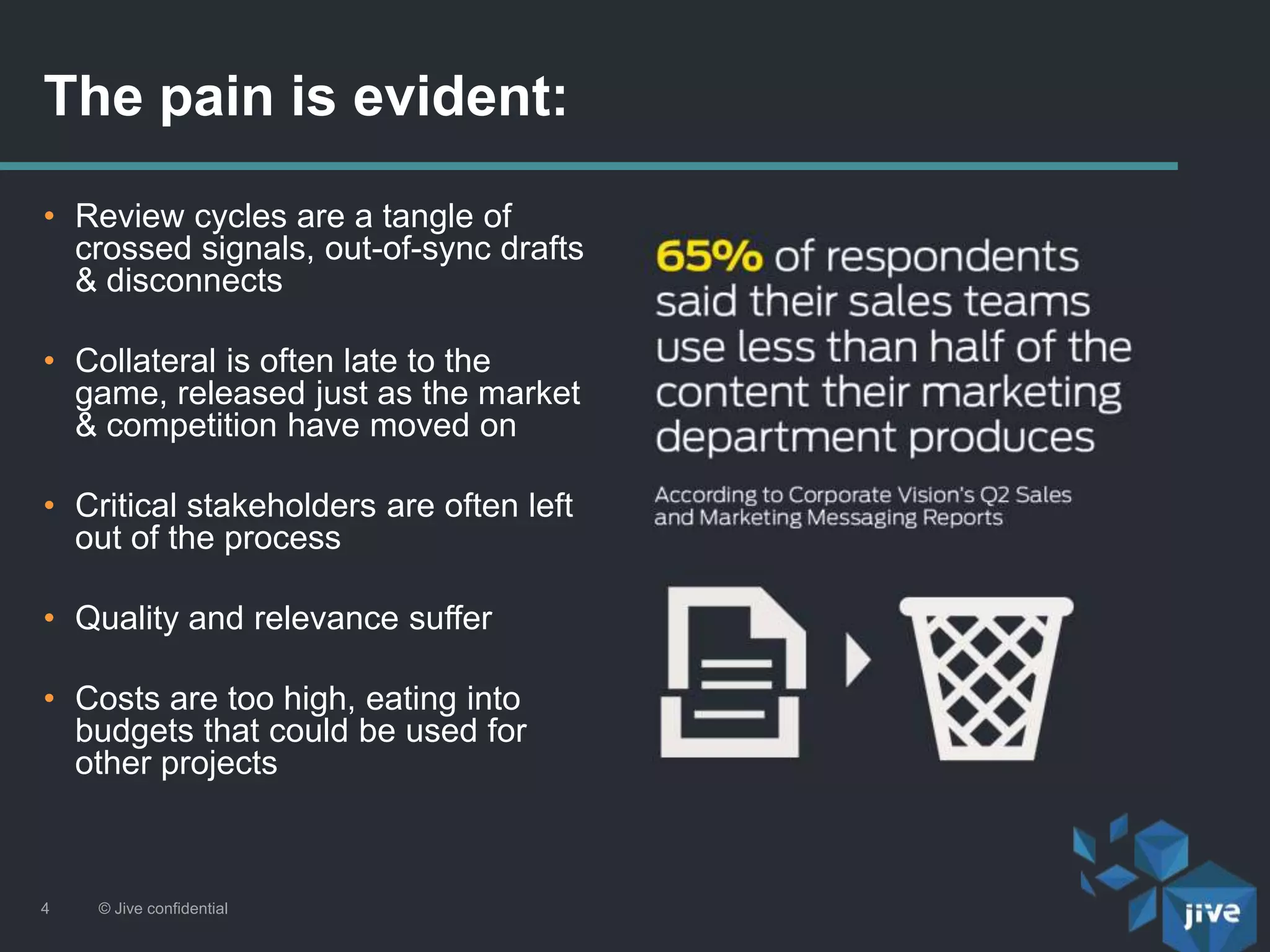 • Review cycles are a tangle of
crossed signals, out-of-sync drafts
& disconnects
• Collateral is often late to the
game, released just as the market
& competition have moved on
• Critical stakeholders are often left
out of the process
• Quality and relevance suffer
• Costs are too high, eating into
budgets that could be used for
other projects
The pain is evident:
© Jive confidential4
 