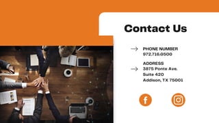 Contact Us
PHONE NUMBER
972.716.0500
ADDRESS
3875 Ponte Ave.
Suite 420
Addison, TX 75001
 