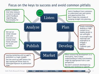Focus on the keys to success and avoid common pitfalls Info-Tech Research Group Solicit feedback from customers to understand user pain points and opportunities first.  Don’t make the mistake of jumping straight into planning. Simply extending desktop or Web content to a mobile device is not sufficient.  A successful app improves user experience or targets a specific customer pain point. Get out an initial release with core functions in a concise time frame and plan for future updates. Build in analytics that help measure success or provide useful feedback regarding app functionality for Version 2.0. When outsourcing development to a third party, have a basic understanding of what functionality might be appropriate from a user perspective. But don’t constrain developers by getting over-technical or specific. Leaving marketing until an app is published is a huge mistake. Get the word out well before the app reaches an online store to maximize exposure at publication time. Start Here 