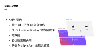 • KMM
- UI - UI
- - expect/actual
-
-
- Multiplatform
- KMM
—
 