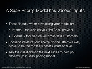 A SaaS Pricing Model has Various Inputs
These ‘inputs’ when developing your model are:
Internal - focused on you, the SaaS...
