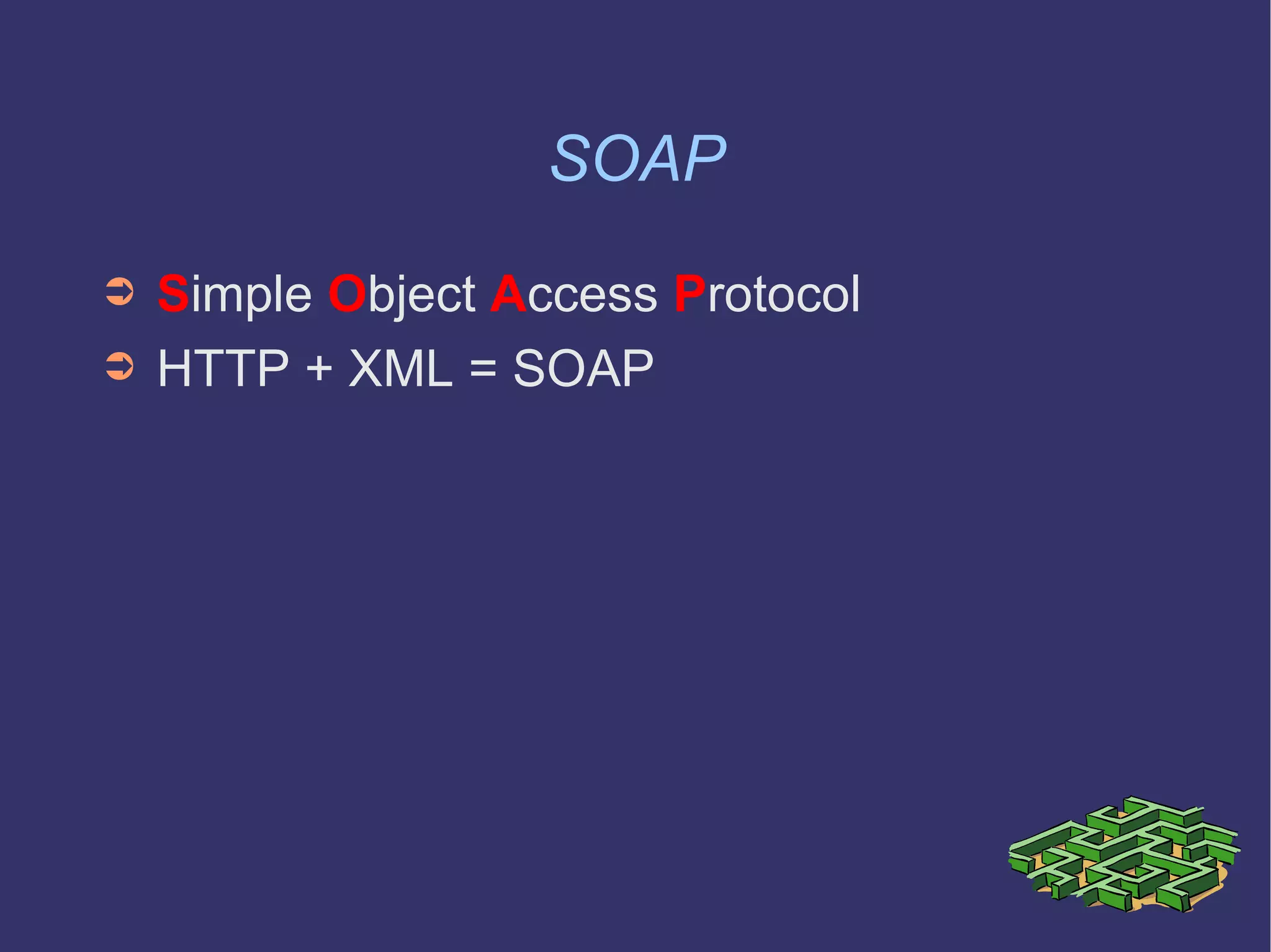 SOAP S imple  O bject  A ccess  P rotocol HTTP + XML = SOAP 