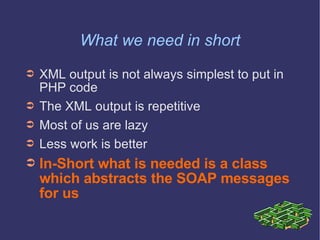 What we need in short XML output is not always simplest to put in PHP code  The XML output is repetitive Most of us are lazy Less work is better  In-Short what is needed is a class which abstracts the SOAP messages for us 