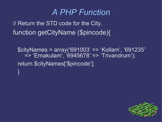 A PHP Function // Return the STD code for the City. function getCityName ($pincode){  $cityNames = array(‘691003’ => ‘Kollam’, ‘691235’ => ‘Ernakulam’, ‘6945678’ => ‘Trivandrum’); return $cityNames[‘$pincode’]; }  