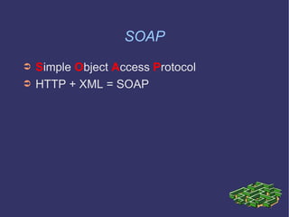 SOAP S imple  O bject  A ccess  P rotocol HTTP + XML = SOAP 