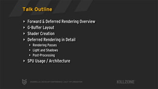 Talk Outline

‣   Forward & Deferred Rendering Overview
‣   G-Buffer Layout
‣   Shader Creation
‣   Deferred Rendering in ...