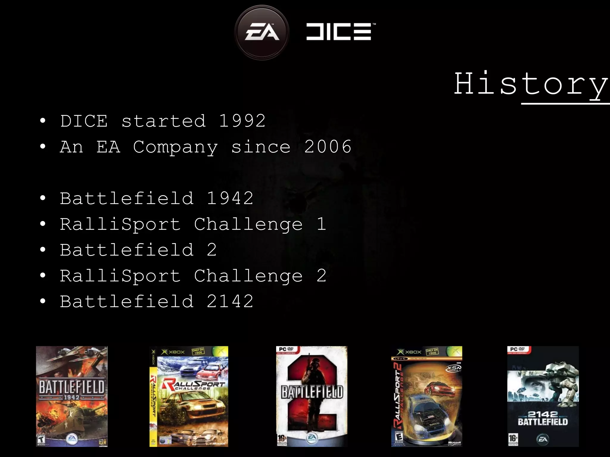 History DICE started 1992 An EA Company since 2006 Battlefield 1942 RalliSport Challenge 1 Battlefield 2 RalliSport Challenge 2 Battlefield 2142