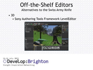 Off-the-Shelf Editors
Alternatives to the Swiss Army Knife
• 3D
• Sony Authoring Tools Framework LevelEditor
 