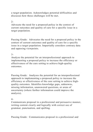 a target population. Acknowledges potential difficulties and
discusses how those challenges will be met.
2-
Advocate the need for a proposed policy in the context of
current outcomes and quality of care for a specific issue in a
target population.
Passing Grade: Advocates the need for a proposed policy in the
context of current outcomes and quality of care for a specific
issue in a target population. Impartially considers contrary data
and opposing viewpoints.
3-
Analyze the potential for an interprofessional approach to
implementing a proposed policy to increase the efficiency or
effectiveness of the care setting to achieve high-quality
outcomes.
Passing Grade: Analyzes the potential for an interprofessional
approach to implementing a proposed policy to increase the
efficiency or effectiveness of the care setting to achieve high-
quality outcomes. Identifies knowledge gaps, unknowns,
missing information, unanswered questions, or areas of
uncertainty (where further information could improve the
analysis).
4-
Communicate proposal in a professional and persuasive manner,
writing content clearly and logically with correct use of
grammar, punctuation, and spelling.
Passing Grade: Communicates proposal in a professional and
 