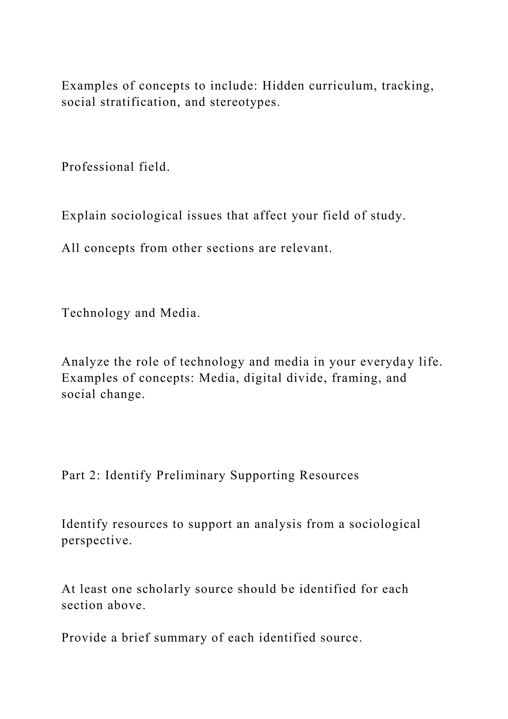Examples of concepts to include: Hidden curriculum, tracking,
social stratification, and stereotypes.
Professional field.
Explain sociological issues that affect your field of study.
All concepts from other sections are relevant.
Technology and Media.
Analyze the role of technology and media in your everyday life.
Examples of concepts: Media, digital divide, framing, and
social change.
Part 2: Identify Preliminary Supporting Resources
Identify resources to support an analysis from a sociological
perspective.
At least one scholarly source should be identified for each
section above.
Provide a brief summary of each identified source.
 