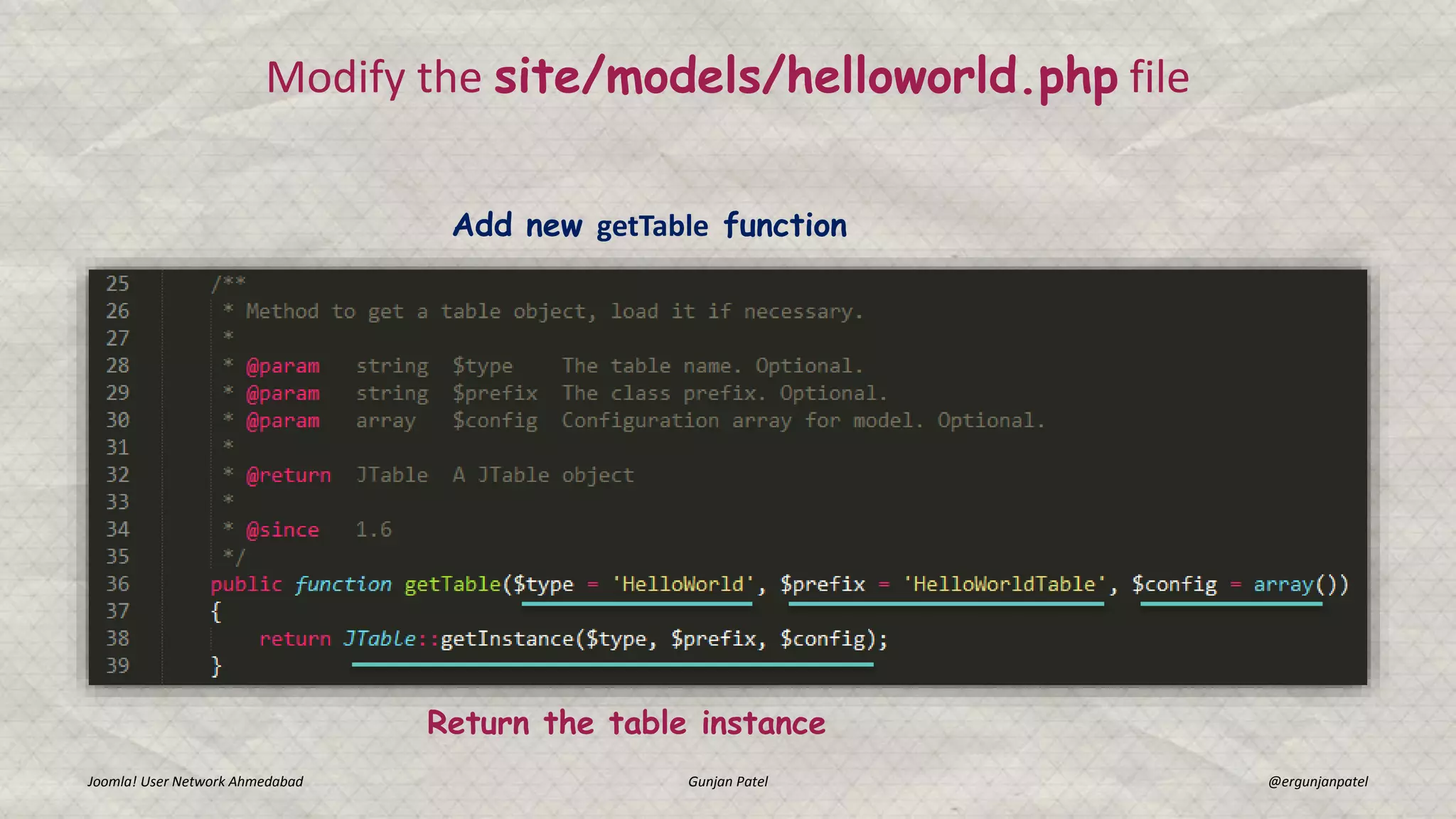 Joomla! User Network Ahmedabad Gunjan Patel @ergunjanpatel
Modify the site/models/helloworld.php file
Return the table instance
Add new getTable function
 