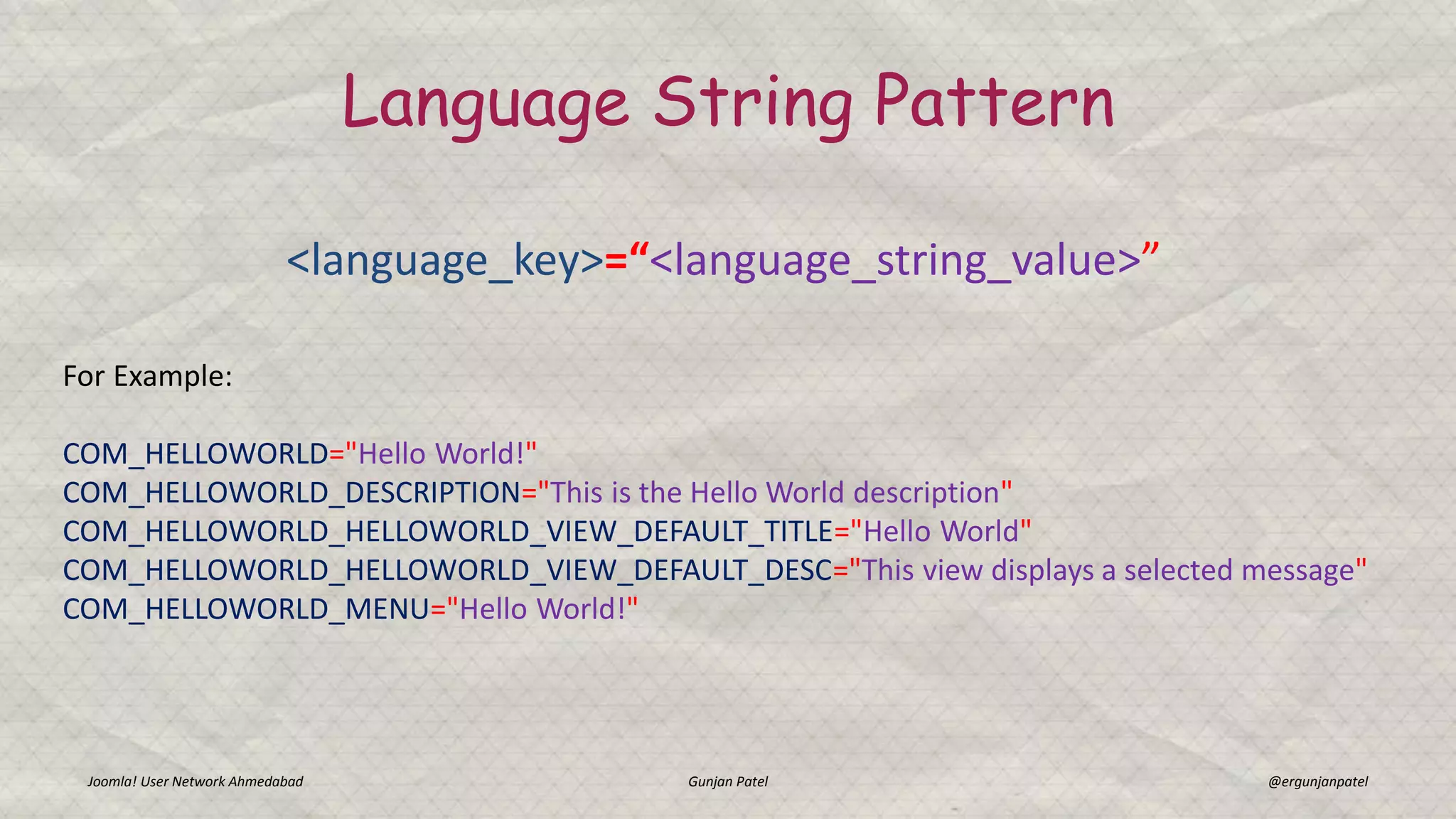 Joomla! User Network Ahmedabad Gunjan Patel @ergunjanpatel
Language String Pattern
For Example:
COM_HELLOWORLD="Hello World!"
COM_HELLOWORLD_DESCRIPTION="This is the Hello World description"
COM_HELLOWORLD_HELLOWORLD_VIEW_DEFAULT_TITLE="Hello World"
COM_HELLOWORLD_HELLOWORLD_VIEW_DEFAULT_DESC="This view displays a selected message"
COM_HELLOWORLD_MENU="Hello World!"
<language_key>=“<language_string_value>”
 