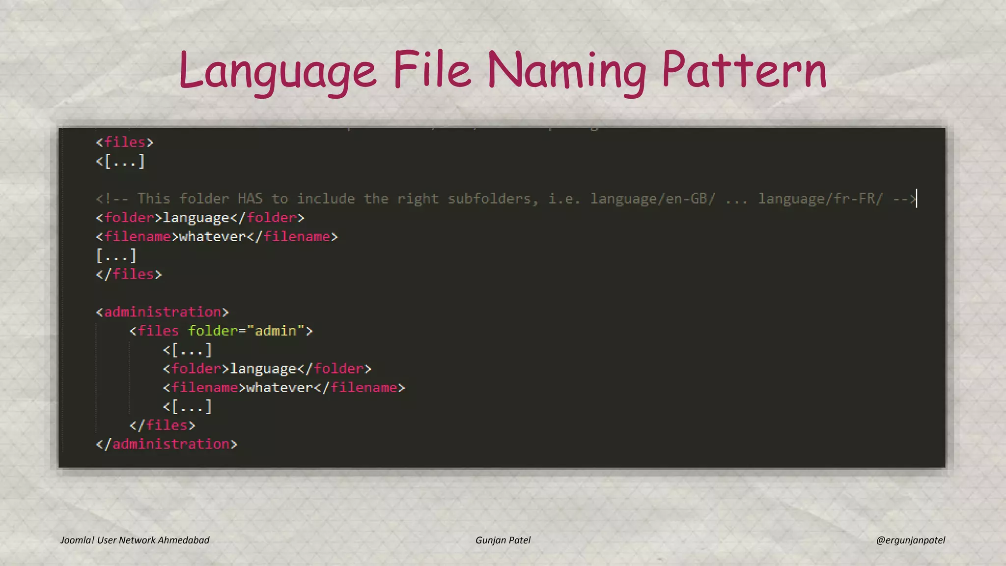 Joomla! User Network Ahmedabad Gunjan Patel @ergunjanpatel
Language File Naming Pattern
 