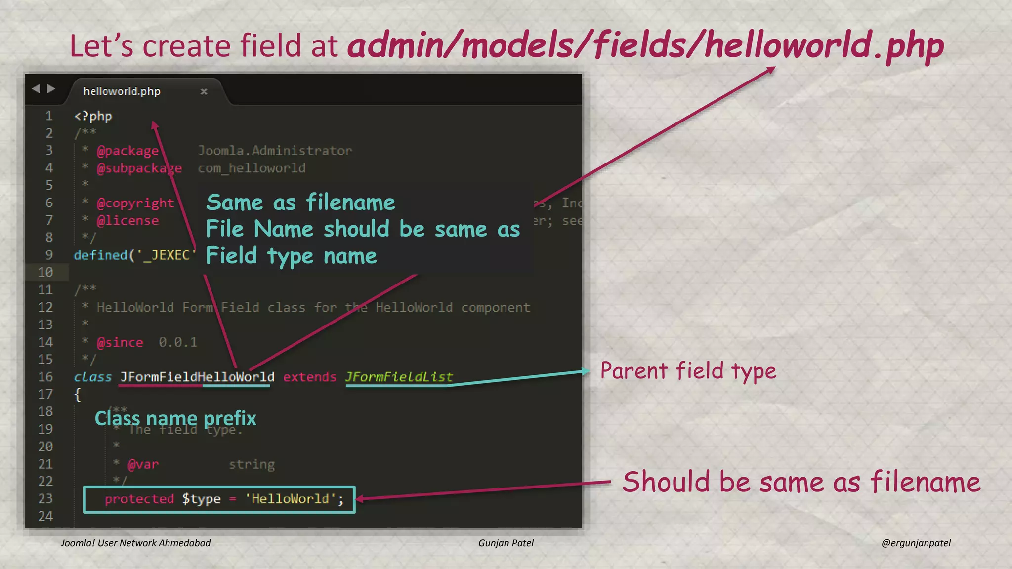 Let’s create field at admin/models/fields/helloworld.php
Joomla! User Network Ahmedabad Gunjan Patel @ergunjanpatel
Parent field type
Same as filename
File Name should be same as
Field type name
Class name prefix
Should be same as filename
 