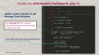 Joomla! User Network Ahmedabad Gunjan Patel @ergunjanpatel
Modify the site/models/helloworld.php file
Update getMsg function to get
Message from Database
Get message id from request.
Notice that here we are not using
$_POST or $_GET
Load table data from auto increment id
 