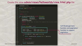 Joomla! User Network Ahmedabad Gunjan Patel @ergunjanpatel
Create the view admin/views/helloworlds/view.html.php file
Parent ClassView NameComponent
Name as class prefix
Call Model get Item
function and pagination
function to support
pagination
 