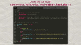 Joomla! User Network Ahmedabad Gunjan Patel @ergunjanpatel
Create the sub-layout
admin/views/helloworlds/tmpl/default_head.php file
 