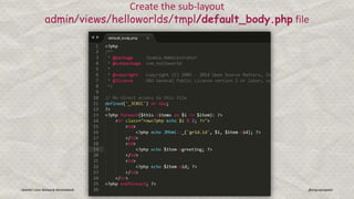 Joomla! User Network Ahmedabad Gunjan Patel @ergunjanpatel
Create the sub-layout
admin/views/helloworlds/tmpl/default_body.php file
 