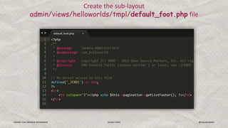 Joomla! User Network Ahmedabad Gunjan Patel @ergunjanpatel
Create the sub-layout
admin/views/helloworlds/tmpl/default_foot.php file
 