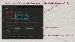 Let’s create field at admin/models/fields/helloworld.php
Joomla! User Network Ahmedabad Gunjan Patel @ergunjanpatel
Parent field type
Same as filename
File Name should be same as
Field type name
Class name prefix
Should be same as filename
 