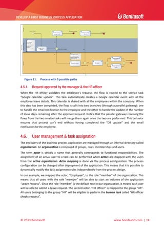  

DEVELOP A FIRST BUSINESS PROCESS APPLICATION 

 

 
Figure 11.

4.5.1.

Process with 3 possible paths 

Request approved by the manager & the HR officer

When  the  HR  officer  validates  the  employee’s  request,  the  flow  is  routed  to  the  service  task 
“Google  calendar  update”.  This  task  automatically  creates  a  Google  calendar  event  with  all  the 
employee leave details. This calendar is shared with all the employees within the company. When 
this step has been completed, the flow is split into two branches (through a parallel gateway): one 
to handle the email notification to the employee and the other to handle the update of the number 
of leave days remaining after the approved request. Notice that the parallel gateway receiving the 
flows from the two service tasks will merge them again once the two are performed. This behavior 
ensures  that  process  can’t  end  without  having  completed  the  “DB  update”  and  the  email 
notification to the employee. 

4.6.

User management & task assignation

The end users of the business process application are managed through an internal directory called 
organization. An organization is composed of groups, roles, memberships and users.  
The  term  actor  is  strictly  a  name  that  generally  corresponds  to  functional  responsibilities.  The 
assignment of an actual user to a task can be performed when actors are mapped with the users 
from  the  active  organization.  Actor  mapping  is  done  via  the  process  configuration.  The  process 
configuration can be changed after deployment of the application. This means that it is possible to 
dynamically modify the task assignment rules independently from the process design.  
In our example, we mapped the actor, “Employee”, to the role “member” of the organization. This 
means  that  all  users  with  the  role  “member”  will  be  able  to  start  an  instance  of  the  application 
“Leave Process”. Since the role “member” is the default role in our organization, it means each user 
will be able to submit a leave request. The second actor, “HR officer” is mapped to the group “HR”. 
All users belonging to the group “HR” will be eligible to perform the human task called “HR officer 
checks request”. 

© 2013 Bonitasoft 

 

 www.bonitasoft.com  | 14 

 