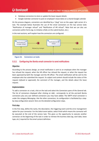 DEVELOP A FIRST BUSINESS PROCESS APPLICATION 
 



Database connectors to store or update the leave request details 
Google Calendar connector to post an employee’s leave dates on a shared Google calendar 

On the process diagram, connectors are identified by a “plug” icon on the upper right corner of a 
task.  The  example  below  illustrates  the  use  of  the  email  connectors  on  the  two  service  tasks 
“Notification  of  manager  refusal”  and  “Notification  of  HR  refusal”.  Note  that  we  can  also  use 
connectors within forms (eg. to initialize a field, on the submit button, etc.). 
In the next sections, we’ll explain how the connectors are configured. 

 
Figure 16.

5.3.2.

Connectors on tasks 

Configuring the Bonita email connector to send notifications

Objective
According  to  the  process  design,  an  email  notification  is  sent  to  an  employee  when  the  manager 
has  refused  the  request,  when  the  HR  officer  has  refused  the  request,  or  when  the  request  has 
been approved by both the manager and the HR officer. The email notification will be sent to the 
employee who has submitted the request. Its subject and content should include the status of the 
request  (refused  or  approved),  the  comment  of  the  manager,  and  the  details  about  the  leave 
request. 

Implementation
To add a connector on a task, click on the task and select the Connectors pane of the General tab. 
The  list  of  connectors  displayed  after  clicking  on  Add…  corresponds  to  all  the  pre‐built  Bonita 
connectors  plus  any  user  defined  connectors  you  may  have  added.  The  SMTP  email  connector  is 
under the category Messaging. Like the other connectors, its configuration is facilitated by a step‐
by‐step configuration wizard. Here are the detailed configuration steps. 

First step
In the first step, define the name, the description, the triggering event and the error management 
option for your connector. For the Select event option, select Finish which means the connector will 
be  executed  at  the  end  of  the  service  task.  This  gives  us  the  opportunity  to  execute  another 
connector at the beginning of the task in order to retrieve the business data (eg. start date, leave 
type, etc.) required for the email content definition. 

21 | www.bonitasoft.com 

 

© 2013 Bonitasoft 

 