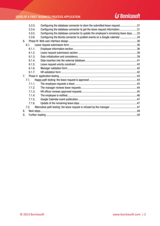  

DEVELOP A FIRST BUSINESS PROCESS APPLICATION 

 
5.3.3. 
Configuring the database connector to store the submitted leave request ........................27 
5.3.4. 
Configuring the database connector to get the leave request information.........................31 
5.3.5. 
Configuring the database connector to update the employee’s remaining leave days .......33 
5.3.6. 
Configuring the Bonita connector to publish events on a Google calendar ........................34 
6.  Phase IV: Web user interface design.................................................................................................36 
6.1.  Leave request submission form ...............................................................................................36 
6.1.1. 
Employee information section ..........................................................................................36 
6.1.2. 
Leave request submission section ...................................................................................39 
6.1.3. 
Data initialization and consistency ...................................................................................39 
6.1.4. 
Data insertion into the external database .........................................................................41 
6.1.5. 
Leave request unicity constraint ......................................................................................42 
6.1.6. 
Manager validation form ..................................................................................................42 
6.1.7. 
HR validation form ...........................................................................................................42 
7.  Phase V: application testing .............................................................................................................43 
7.1.  Happy path testing: the leave request is approved ...................................................................43 
7.1.1. 
The employee requests a leave .......................................................................................43 
7.1.2. 
The manager reviews leave requests ...............................................................................44 
7.1.3. 
HR officer reviews approved requests ..............................................................................45 
7.1.4. 
The employee is notified ..................................................................................................46 
7.1.5. 
Google Calendar event publication ...................................................................................47 
7.1.6. 
Update of the remaining leave days .................................................................................47 
7.2.  Alternative path testing: the leave request is refused by the manager ......................................47 
8.  Next steps ........................................................................................................................................49 
9.  Further reading ................................................................................................................................50 
 
 

© 2013 Bonitasoft 

 

 

 www.bonitasoft.com  | 2 

 