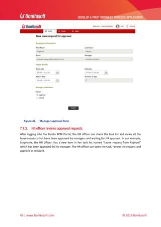 DEVELOP A FIRST BUSINESS PROCESS APPLICATION 
 

 
Figure 47.

7.1.3.

Manager approval form 

HR officer reviews approved requests

After  logging  into  the  Bonita  BPM  Portal,  the  HR  officer  can  check  the  task  list  and  views  all  the 
leave requests that have been approved by managers and waiting for HR approval. In our example, 
Stephanie,  the  HR  officer,  has  a  new  item  in  her  task  list  named  “Leave  request  from  Raphael” 
which has been approved by his manager. The HR officer can open the task, review the request and 
approve or refuse it.  

45 | www.bonitasoft.com 

 

© 2013 Bonitasoft 

 
