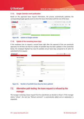 DEVELOP A FIRST BUSINESS PROCESS APPLICATION 
 

7.1.5.

Google Calendar event publication

Based  on  the  approved  leave  request  information,  the  process  automatically  publishes  the 
corresponding Google agenda event to share the leave information with the rest of the team.  

 
Figure 50.

7.1.6.

Update to Google calendar 

Update of the remaining leave days

If  the  employee  tries  to  request  a  second  leave  right  after  the  approval  of  the  one  previously 
approved, he will then see that his number of available days has been updated. In the screenshot 
below,  the  employee  Raphael  has  now  23  available  annual  leave  days  compared  to  25  when  he 
submitted his first request. 

 
Figure 51.

7.2.

Number of available leave days has been updated 

Alternative path testing: the leave request is refused by the
manager

The manager reviewing a leave request from his subordinate can decide to refuse it. If the manager 
selects  “refuse”,  the  text  box  “Refusal  comment”  is  automatically  added  and  an  explanation  is 
requested.   

47 | www.bonitasoft.com 

 

© 2013 Bonitasoft 

 