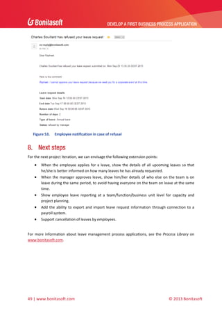 DEVELOP A FIRST BUSINESS PROCESS APPLICATION 
 

 
Figure 53.

Employee notification in case of refusal 

8. Next steps
For the next project iteration, we can envisage the following extension points:  



When  the  employee  applies  for  a  leave,  show  the  details  of  all  upcoming  leaves  so  that 
he/she is better informed on how many leaves he has already requested.



When  the  manager  approves  leave,  show  him/her  details  of  who  else  on  the  team  is  on 
leave during the same period, to avoid having everyone on the team on leave at the same 
time.



Show  employee  leave  reporting  at  a  team/function/business  unit  level  for  capacity  and 
project planning.



Add  the  ability  to  export  and  import  leave  request  information  through  connection  to  a 
payroll system.



Support cancellation of leaves by employees.

 

For  more  information  about  leave  management  process  applications,  see  the  Process  Library  on 
www.bonitasoft.com. 
 

49 | www.bonitasoft.com 

 

 

© 2013 Bonitasoft 

 