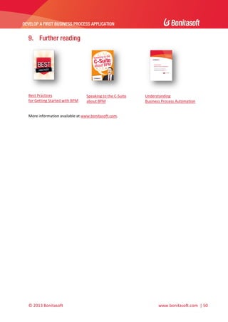 

DEVELOP A FIRST BUSINESS PROCESS APPLICATION 

 

9. Further reading

 
Best Practices  
for Getting Started with BPM 

 
Speaking to the C‐Suite 
about BPM 

 
Understanding  
Business Process Automation 

 
More information available at www.bonitasoft.com. 
 

© 2013 Bonitasoft 

 

 www.bonitasoft.com  | 50 

 