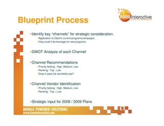 Blueprint Process
   Identify key “channels” for strategic consideration.
       Application to Client’s current programs/campaigns
       How could it be leverage for new programs



   SWOT Analysis of each Channel

   Channel Recommendations
       Priority Setting: High, Medium, Low
       Ranking: Top - Low
       Does it pass the sensibility test?



   Channel Vendor Identification
       Priority Setting: High, Medium, Low
       Ranking: Top – Low



   Strategic input for 2008 / 2009 Plans
 