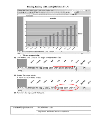 Training, Teaching and Learning Materials( TTLM)
TTLM Development Manual Date: September ,2017
Compiled by: Business & Finance Department
 This is a new sheet chart
11. Click the Frog Sales Chart tab and drag it to the end of the tabs.
12. Release the mouse button.
It should be last in the list of tabs:
13. To remove the legend, click the legend.
 