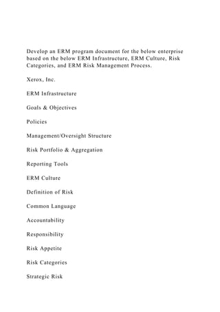 Develop an ERM program document for the below enterprise
based on the below ERM Infrastructure, ERM Culture, Risk
Categories, and ERM Risk Management Process.
Xerox, Inc.
ERM Infrastructure
Goals & Objectives
Policies
Management/Oversight Structure
Risk Portfolio & Aggregation
Reporting Tools
ERM Culture
Definition of Risk
Common Language
Accountability
Responsibility
Risk Appetite
Risk Categories
Strategic Risk
 