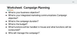 Worksheet: Campaign Planning
● What is your business objective?
● What is your integrated marketing communications Campaign
objective?
● What is the campaign duration?
● What is the budget?
● What functions will be handled in-house and what functions will be
outsourced?
● Who will manage the campaign?
 